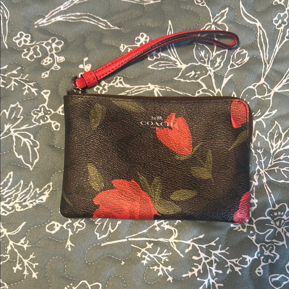 Coach Black and Red Signature Floral Wristlet